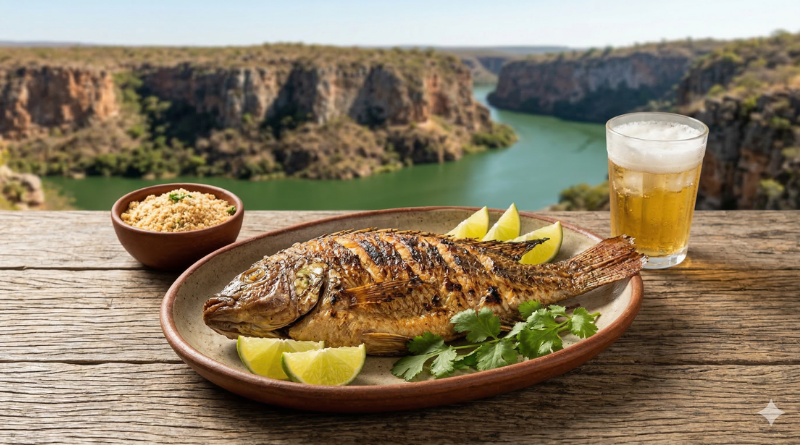 Peixe tilápia assada com pirão em restaurante de Paulo Afonso